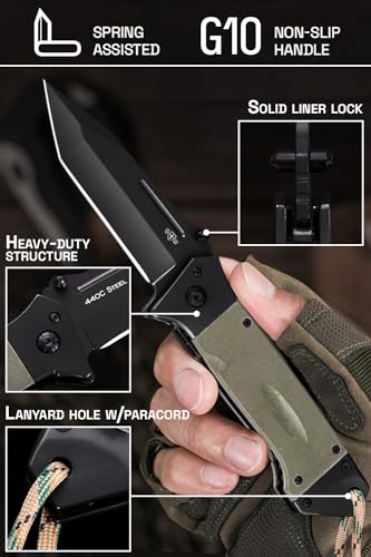 Grand Way Spring Assisted Knife – Survival Tactical Knife with Black Tanto Blade – Pocket Knives & Folding Knives for Hunting Camping Self Defense Military – Birthday Gifts for Men 6688 BG