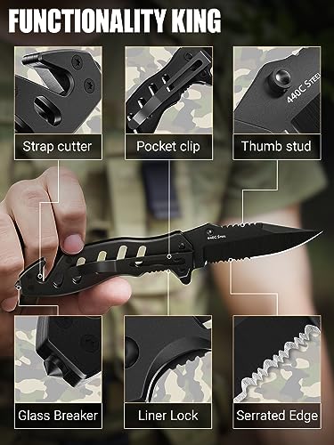 Tactical Legal Knife for Men Women - 2.68 Inch Serrated Blade Small Black Pocket Knife with Glass Breaker Seatbelt Cutter - Cool Folding Knives for Camping Work EDC - Mens Birthday Gift Ideas 6655 B