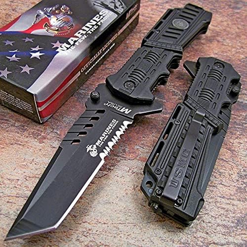 U.S. MARINES Knife Licensed USMC MARINES Assisted Military Knives BLACK Tactical Tanto Knife