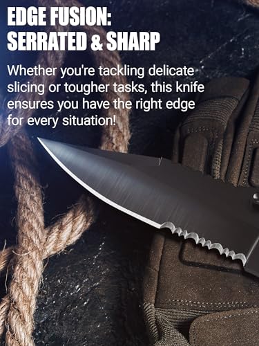 Tactical Legal Knife for Men Women - 2.68 Inch Serrated Blade Small Black Pocket Knife with Glass Breaker Seatbelt Cutter - Cool Folding Knives for Camping Work EDC - Mens Birthday Gift Ideas 6655 B