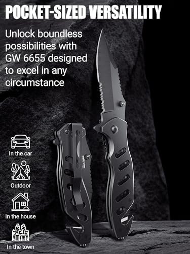 Tactical Legal Knife for Men Women - 2.68 Inch Serrated Blade Small Black Pocket Knife with Glass Breaker Seatbelt Cutter - Cool Folding Knives for Camping Work EDC - Mens Birthday Gift Ideas 6655 B