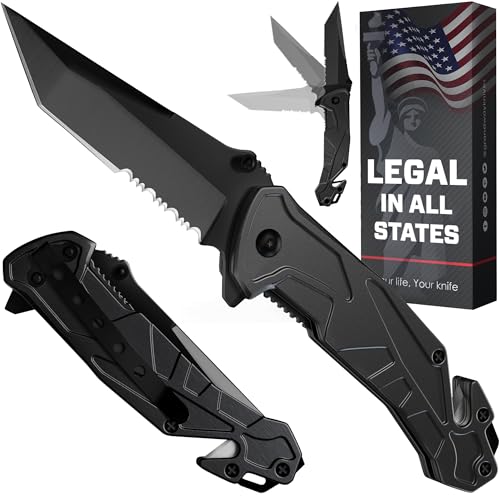 Tactical Legal Knife for Men - 2.8 Inch Tanto Serrated Blade - Small Black Pocket Knife & Glass Breaker Seatbelt Cutter - Cool Folding Knives for Camping Work EDC - Mens Birthday Gift Ideas 6620 B