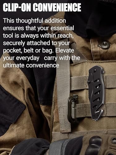 Tactical Legal Knife for Men Women - 2.68 Inch Serrated Blade Small Black Pocket Knife with Glass Breaker Seatbelt Cutter - Cool Folding Knives for Camping Work EDC - Mens Birthday Gift Ideas 6655 B