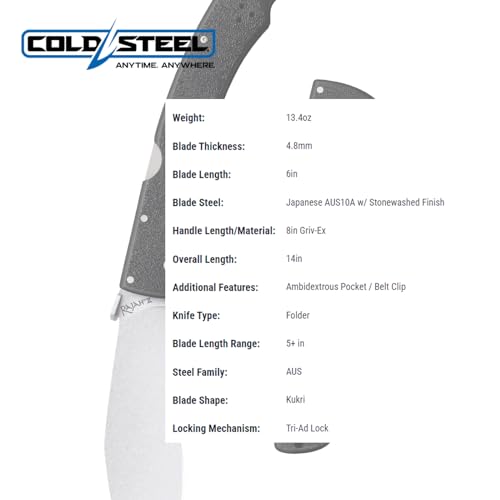 Cold Steel Rajah ll Japanese AUS10A 6" Blade 8" Griv-Ex Handle Tactical Folding Knife with Tri-Ad Lock, Ambidextrous Pocket/Belt Clip