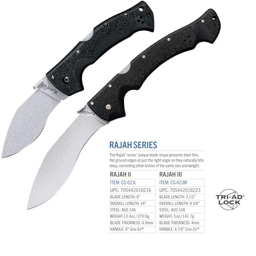 Cold Steel Rajah ll Japanese AUS10A 6" Blade 8" Griv-Ex Handle Tactical Folding Knife with Tri-Ad Lock, Ambidextrous Pocket/Belt Clip