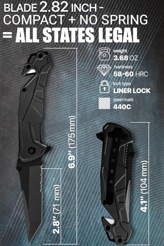 Tactical Legal Knife for Men - 2.8 Inch Tanto Serrated Blade - Small Black Pocket Knife & Glass Breaker Seatbelt Cutter - Cool Folding Knives for Camping Work EDC - Mens Birthday Gift Ideas 6620 B