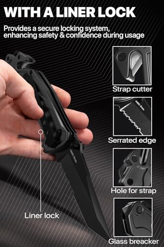 Tactical Legal Knife for Men - 2.8 Inch Tanto Serrated Blade - Small Black Pocket Knife & Glass Breaker Seatbelt Cutter - Cool Folding Knives for Camping Work EDC - Mens Birthday Gift Ideas 6620 B