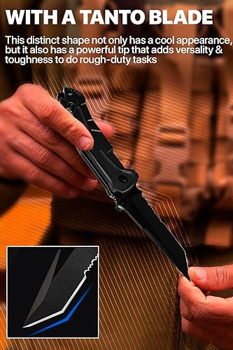 Tactical Legal Knife for Men - 2.8 Inch Tanto Serrated Blade - Small Black Pocket Knife & Glass Breaker Seatbelt Cutter - Cool Folding Knives for Camping Work EDC - Mens Birthday Gift Ideas 6620 B
