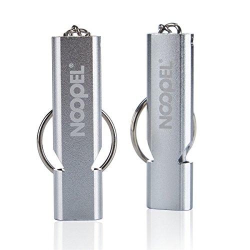 Noopel 2 Pack Survival Whistle with Lanyard and Keychain Double Tubes Emergency Safety Whistle with Keyring for Boating Outdoor Camping Hiking Hunting Sports Dog Training (2 Pack Silver)