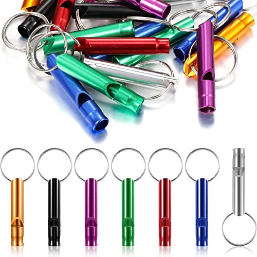 Set of 105 Aluminum Emergency Whistle with Keychain Safety Survival Whistle Sturdy Light Whistle Keychain Whistle Key Ring Loud Sound Camping Whistles for Women Defense Hiking Alarm, 7 Colors