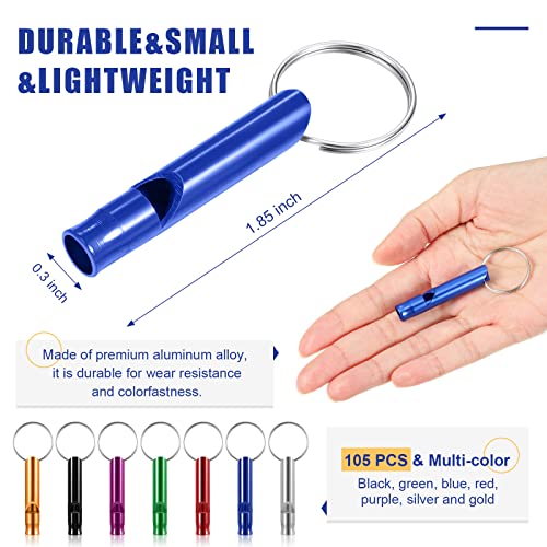 Set of 105 Aluminum Emergency Whistle with Keychain Safety Survival Whistle Sturdy Light Whistle Keychain Whistle Key Ring Loud Sound Camping Whistles for Women Defense Hiking Alarm, 7 Colors