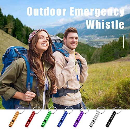 Set of 105 Aluminum Emergency Whistle with Keychain Safety Survival Whistle Sturdy Light Whistle Keychain Whistle Key Ring Loud Sound Camping Whistles for Women Defense Hiking Alarm, 7 Colors