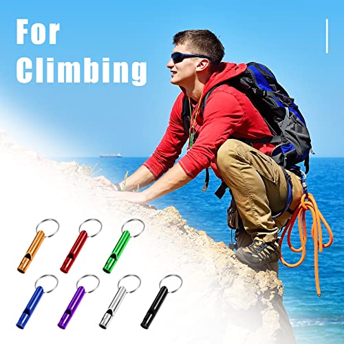 Set of 105 Aluminum Emergency Whistle with Keychain Safety Survival Whistle Sturdy Light Whistle Keychain Whistle Key Ring Loud Sound Camping Whistles for Women Defense Hiking Alarm, 7 Colors