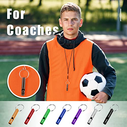 Set of 105 Aluminum Emergency Whistle with Keychain Safety Survival Whistle Sturdy Light Whistle Keychain Whistle Key Ring Loud Sound Camping Whistles for Women Defense Hiking Alarm, 7 Colors