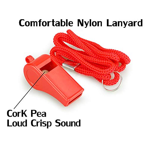 Hipat Red Emergency Whistles with Lanyard, Loud Crisp Sound, 2 Packs Plastic Whistles Ideal for Lifeguard, Self-Defense and Emergency