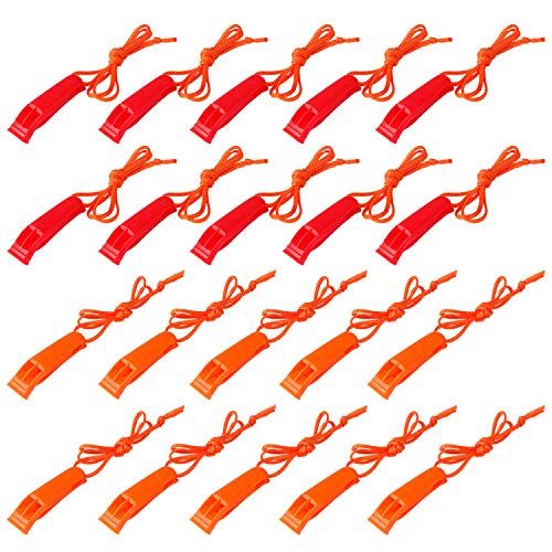 AUGSUN 20 Pcs Emergency Safety Whistle Plastic Whistles Set with Lanyard,Red and Orange