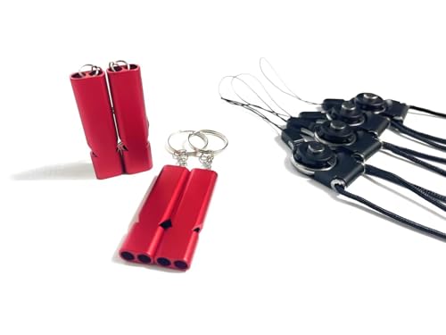 BSPIX 4-Pack Loud 120dB Double Tube Emergency Whistle - Aluminum Alloy, Corrosion-Resistant Safety Whistle with Lanyard & Keychain-Ideal for Camping Hiking Boating Fishing Survival Tool (Red)