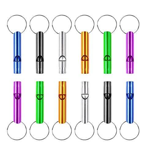 MIDELONG 12 pcs Emergency Whistle with Key Chain, Aluminum Extra Loud Safety Survival Whistle Keychain for Outdoor Sports Camping Hiking Boating Hunting, 6 Colors