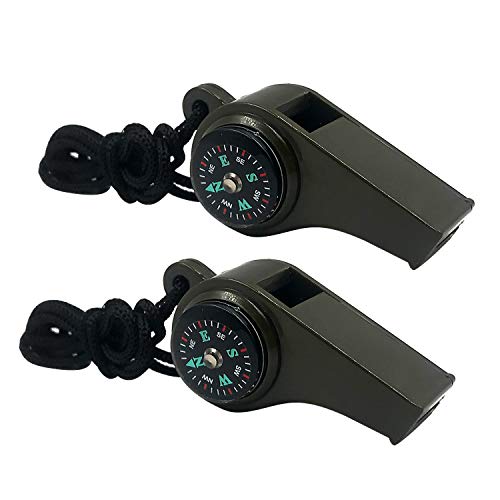 MeiNvShe 2 Pack Emergency Survival Whistle, 3-in-1 Emergency Whistles with Compass and Thermometer, Loud Safety Whistle with Lanyard for Outdoor Hiking (Green)