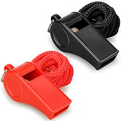 Hipat Whistle with Lanyard, Loud Crisp Sound Plastic Sports Whistles for Coaches, Referees, Training, Emergency Survival (Pea Whistle-Black/Red)