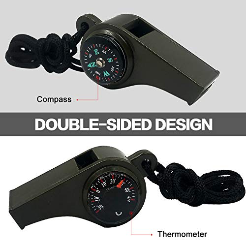 MeiNvShe 2 Pack Emergency Survival Whistle, 3-in-1 Emergency Whistles with Compass and Thermometer, Loud Safety Whistle with Lanyard for Outdoor Hiking (Green)
