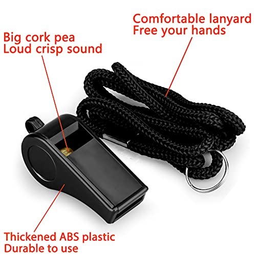Hipat Whistle with Lanyard, Loud Crisp Sound Plastic Sports Whistles for Coaches, Referees, Training, Emergency Survival (Pea Whistle-Black/Red)