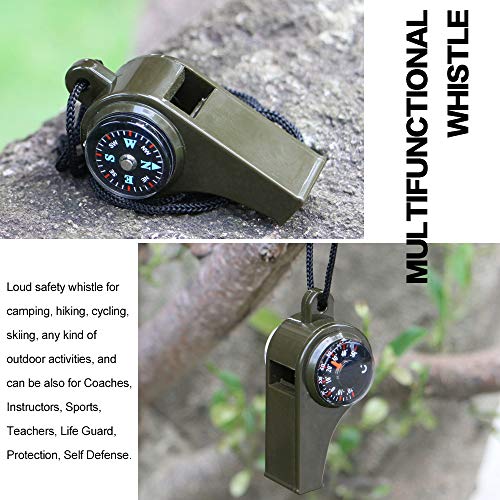 MeiNvShe 2 Pack Emergency Survival Whistle, 3-in-1 Emergency Whistles with Compass and Thermometer, Loud Safety Whistle with Lanyard for Outdoor Hiking (Green)