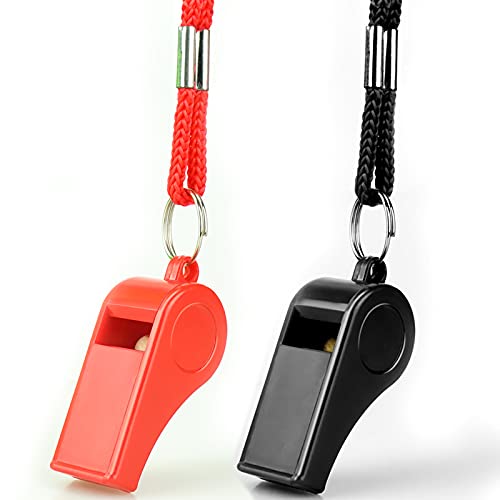 Hipat Whistle with Lanyard, Loud Crisp Sound Plastic Sports Whistles for Coaches, Referees, Training, Emergency Survival (Pea Whistle-Black/Red)