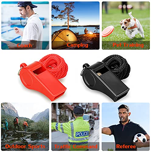 Hipat Whistle with Lanyard, Loud Crisp Sound Plastic Sports Whistles for Coaches, Referees, Training, Emergency Survival (Pea Whistle-Black/Red)