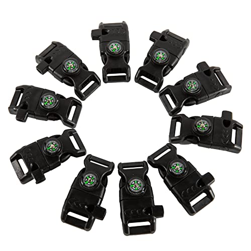 TcJ-Chen 10 PCS Emergency Whistle Buckle come with Compass & Fire Starter & Flint Scraper for Outdoor Camping Paracord Bracelet (black)