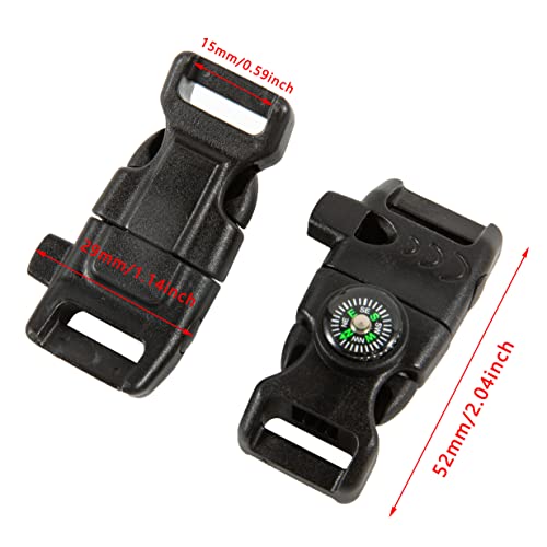 TcJ-Chen 10 PCS Emergency Whistle Buckle come with Compass & Fire Starter & Flint Scraper for Outdoor Camping Paracord Bracelet (black)