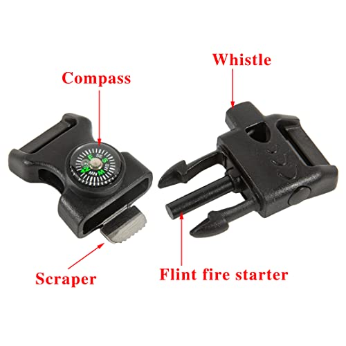 TcJ-Chen 10 PCS Emergency Whistle Buckle come with Compass & Fire Starter & Flint Scraper for Outdoor Camping Paracord Bracelet (black)