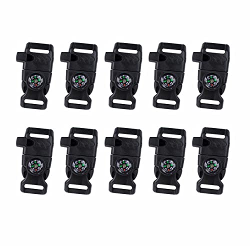 TcJ-Chen 10 PCS Emergency Whistle Buckle come with Compass & Fire Starter & Flint Scraper for Outdoor Camping Paracord Bracelet (black)
