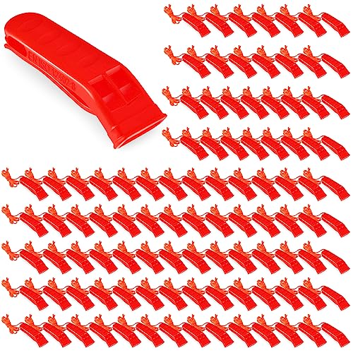 100 Pieces Emergency Whistle with Lanyard Safety Whistle Survival Whistle Loud Blast for Safety Camping Hiking Boating Hunting Survival Rescue Signaling (Red)