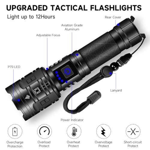 Rechargeable Flashlights High Lumens, 990000LM Powerful Tactical Flashlights, 5 Modes LED Flashlight Adjustable, Brightest Flashlight Waterproof, Handheld Flash light for Emergencies, Camping, Hiking