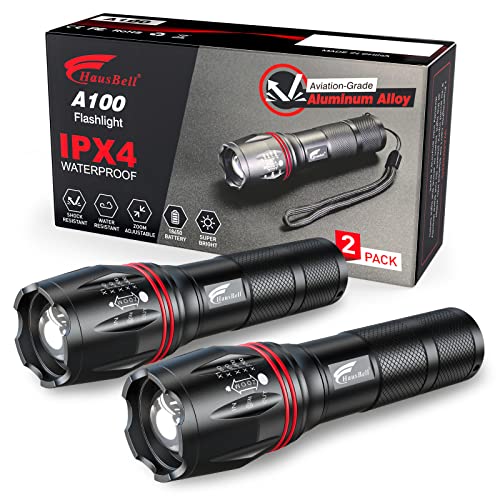 HAUSBELL LED Flashlight 2Pack 3000 High Lumens,Bright, Zoomable, Waterproof, Powerful, Emergency Tactical A100 LED Flashlights for Home and 5 Modes, Flashlight for Camping Gear、Hiking、Walking(2Pack)
