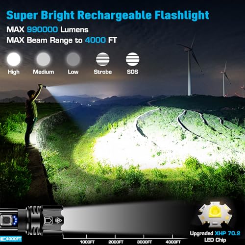 ANKRA Rechargeable Flashlight 990000 High Lumens, Powerful LED Flashlight XHP70.2 with 5 Modes & Zoomable & IPX7 Waterproof, Tactical Flashlight for Camping, Hiking, Emergencies(2 Pack)