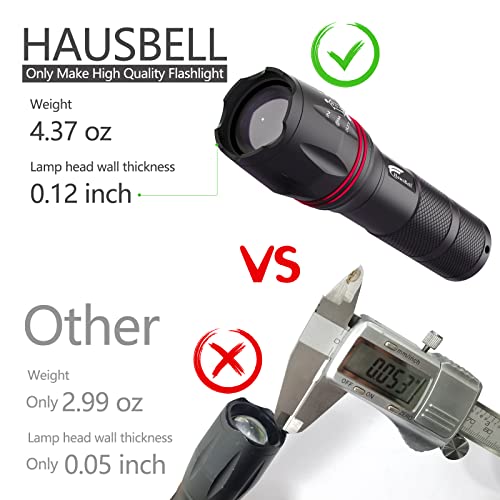 HAUSBELL LED Flashlight 2Pack 3000 High Lumens,Bright, Zoomable, Waterproof, Powerful, Emergency Tactical A100 LED Flashlights for Home and 5 Modes, Flashlight for Camping Gear、Hiking、Walking（2Pack）