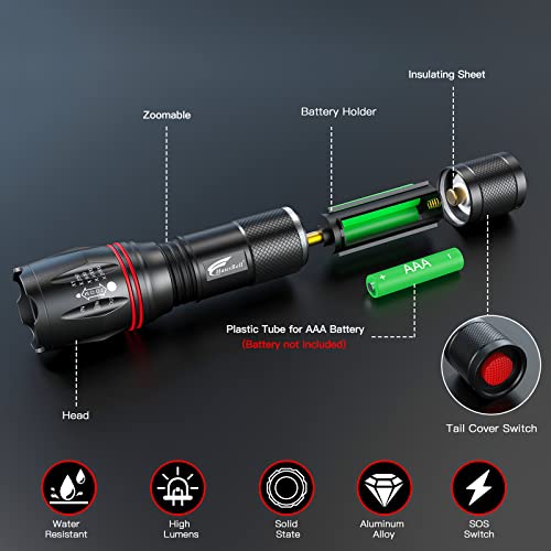 HAUSBELL LED Flashlight 2Pack 3000 High Lumens,Bright, Zoomable, Waterproof, Powerful, Emergency Tactical A100 LED Flashlights for Home and 5 Modes, Flashlight for Camping Gear、Hiking、Walking（2Pack）