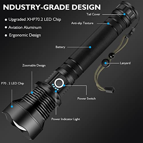 OMALIGHT Rechargeable 990000 High Lumens LED Flashlights, XHP90.2 Super Bright Flashlight with Zoomable & 5 Modes & IPX7 Waterproof for Camping