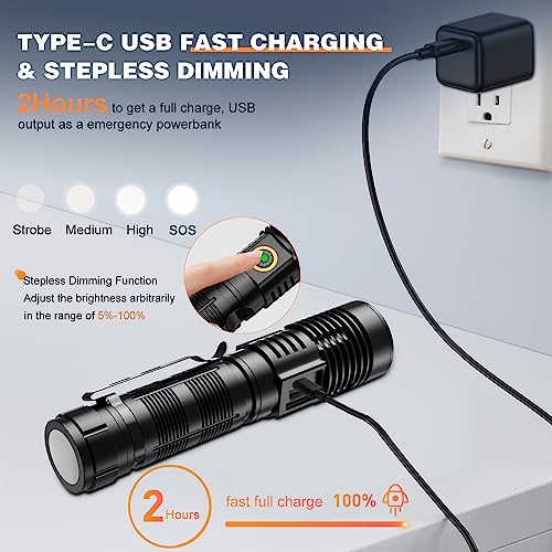 Rechargeable Tactical Flashlights 20000 High Lumens - 1500 Meters Long Beam Super Bright LED Magnetic Flashlight USB Zoomable 5Modes small Long Beam Spotlight Flashlight for Hiking, Camping