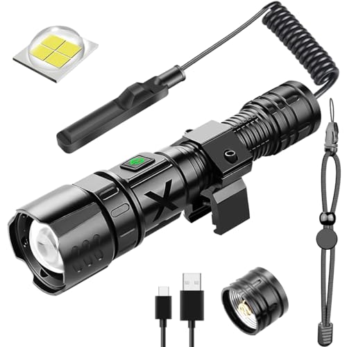 LeKaufen 10000 Lumens XHP70 Tactical Flashlight for Rifle - Picatinny Rails Mount Flashlight with Pressure Switch, 5 Modes Adjust Focus Rechargeable Picatinny Flashlight for Tactical Outdoor