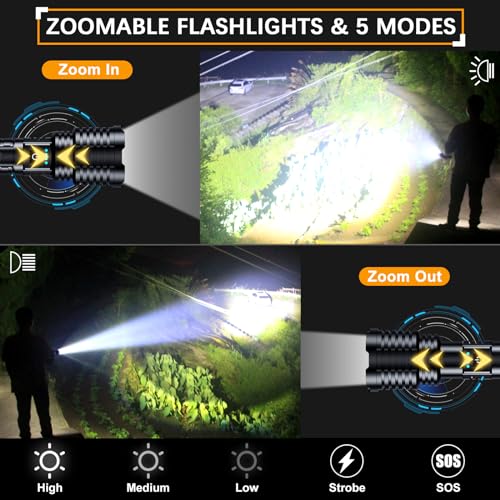 Super Bright Led Rechargeable Flashlight 2000000 High Lumens,Tactical High Powered Flashlight,Bright Flashlights With 5 Light Modes,Zoomable,IP67 Waterproof Powerful Flashlights For Camping Home