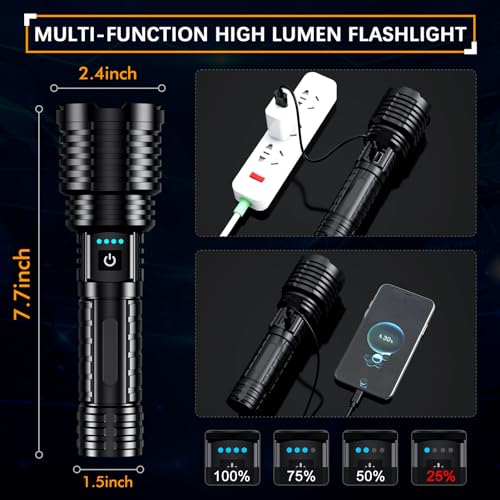 Super Bright Led Rechargeable Flashlight 2000000 High Lumens,Tactical High Powered Flashlight,Bright Flashlights With 5 Light Modes,Zoomable,IP67 Waterproof Powerful Flashlights For Camping Home