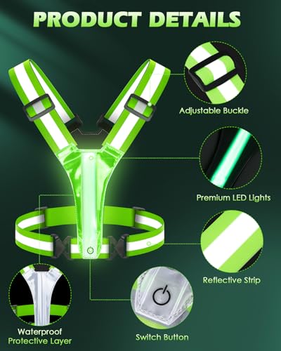 Zacro LED Reflective Vest Running Gear, 5 Lights Colors High Visibility Reflective Running Gear Rechargeable Light Up Running Vest for Walking Running Cycling, Adjustable for Men Women Kids (Green)