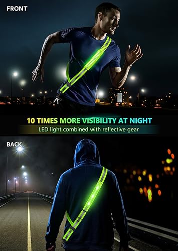 Fokia Kunbio LED Reflective Belt Sash for Walking at Night, Night Running Safety Gear High Visibility Rechargeable LED Light Up Running Belt for Runners Walkers Men Women (Green)