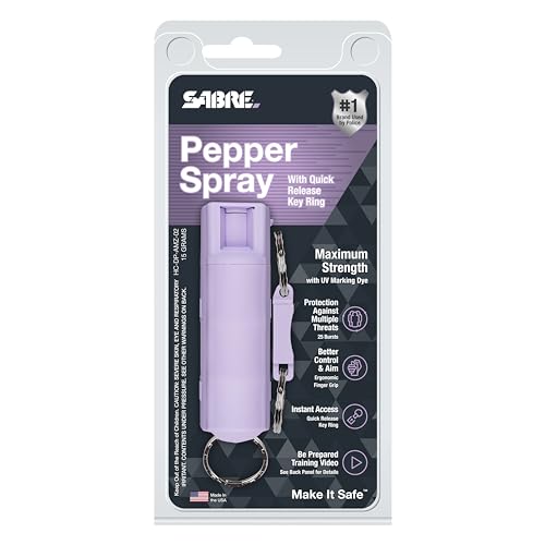SABRE Personal Safety Kit with Pepper Spray for Self Defense and 2-in-1 Personal Alarm with LED Light, 25 Bursts, 130dB Alarm, Audible Up to 1,250 Feet, Quick Release Key Ring, Lavender, 0.54 fl oz