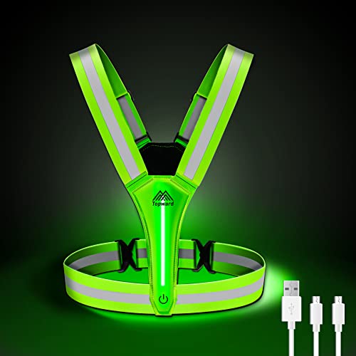 Topward LED Reflective Vest Safety Gear, Light Up Vest for Night Walking Cycling, High Visibility Running Vest with Reflective Strips, USB Rechargeable with Adjustable Waist/Shoulder