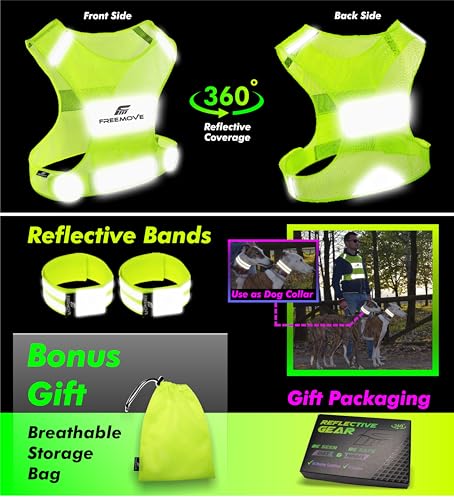 FREEMOVE Reflective Vest Running Gear + 2 Bands & Bag/Ultralight & Comfy Safety Vests with Front Pocket > High Visibility Reflector > for Men, Women > Running, Dog Walking or Cycling