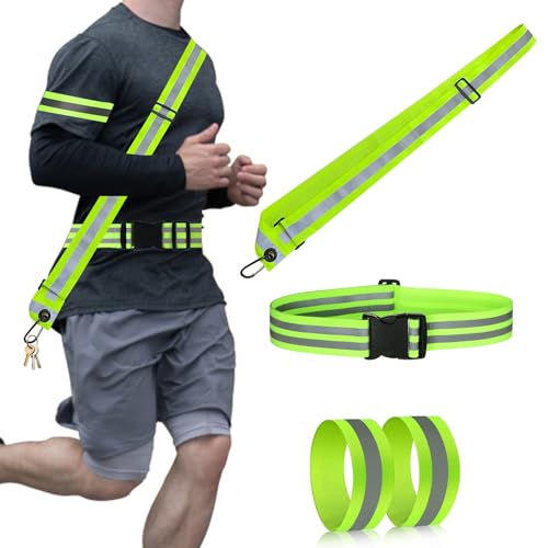 JanFeel High Visibility Reflective Belt Sash Wristband Set,4 Pcs Reflective Running Gear for Hiking Walking Biking,Glow in Dark Safety Reflector Strap Adjustable Quick Release Buckle PT Belt